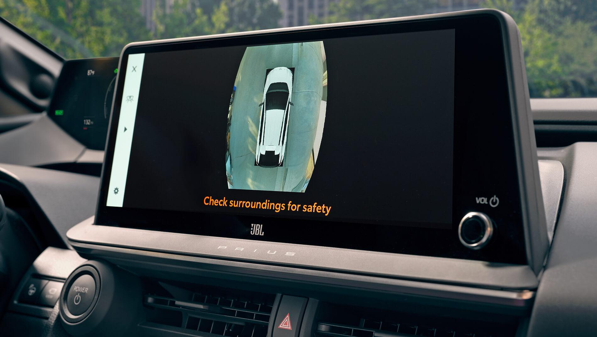 large touchscreen controls showing exterior camera safety angles in a 2023 Toyota Prius