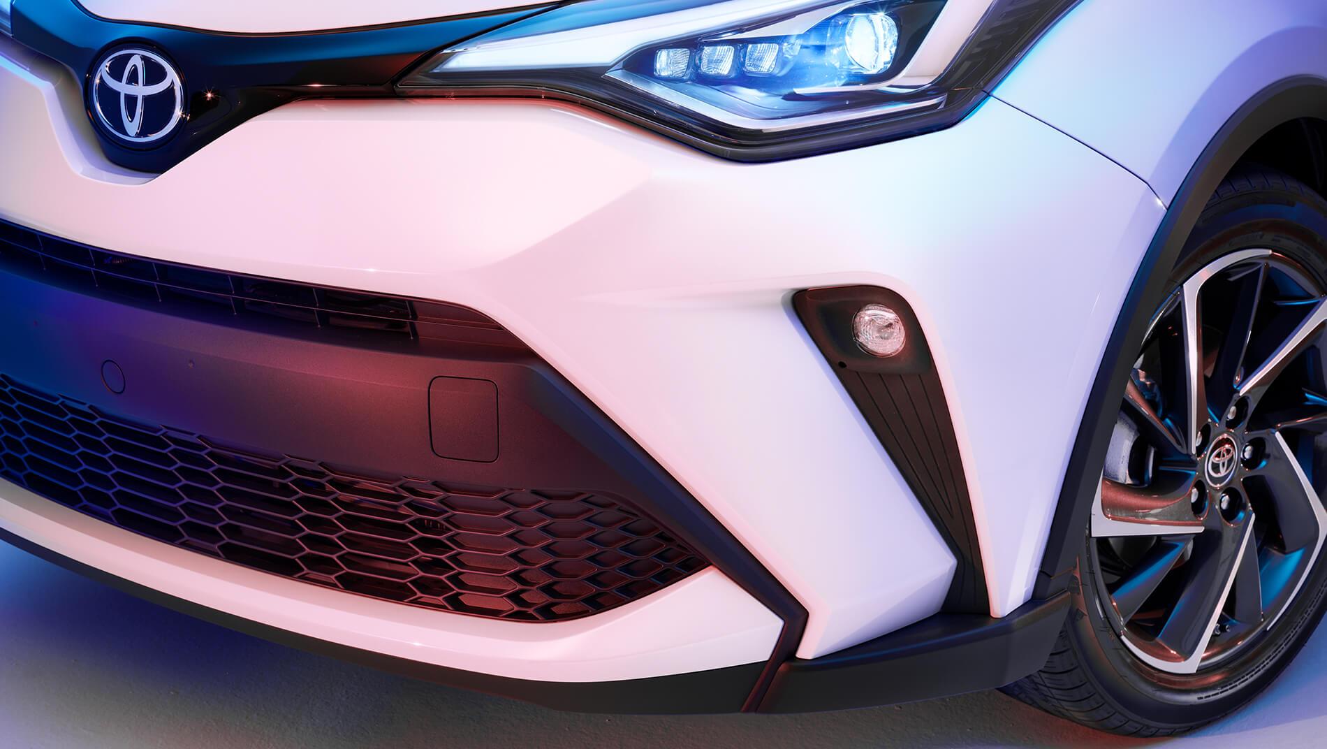 front LED lights of a white Toyota C-HR