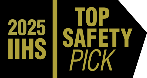 A black and gold badge displaying "2025 IIHS TOP SAFETY PICK." The text is bold and split into two sections by a vertical line.