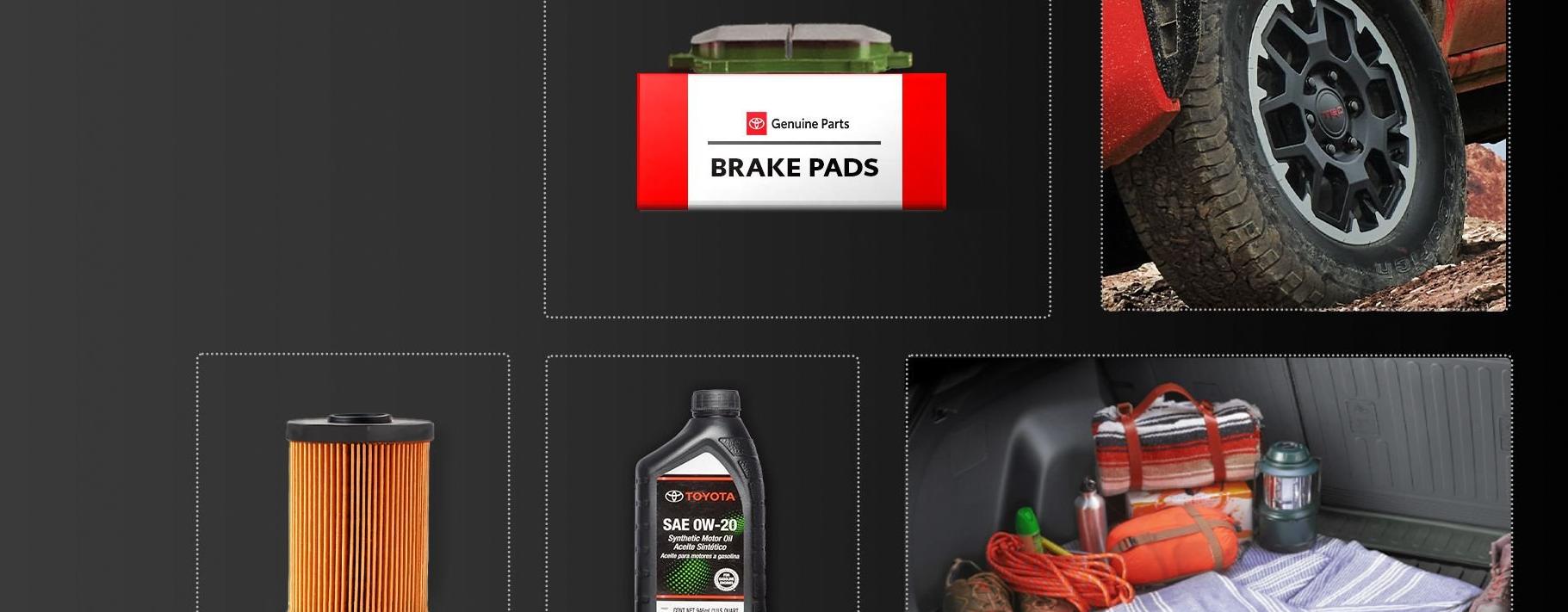 A collage showing automotive items: brake pads, a car tire, an air filter, motor oil, and a car trunk packed with bags, a blanket, and tools.