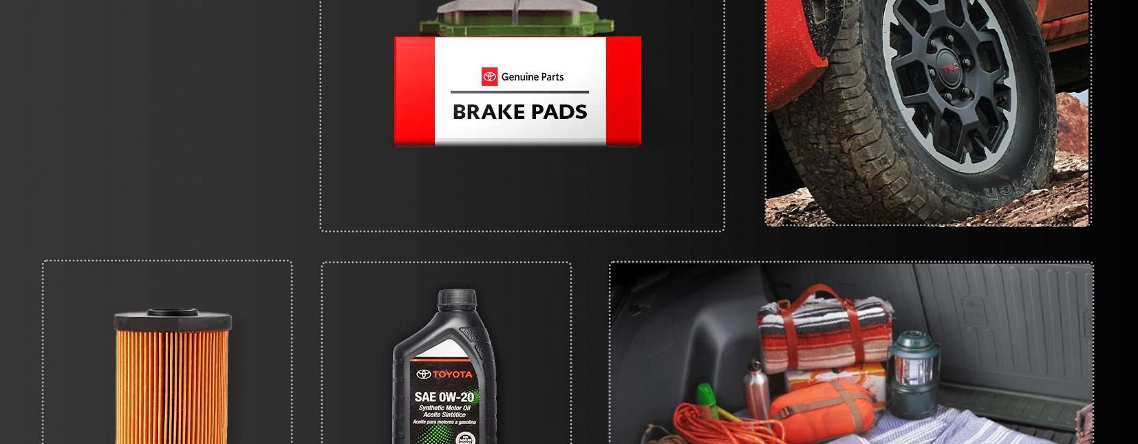 A collage showing automotive items: brake pads, a car tire, an air filter, motor oil, and a car trunk packed with bags, a blanket, and tools.