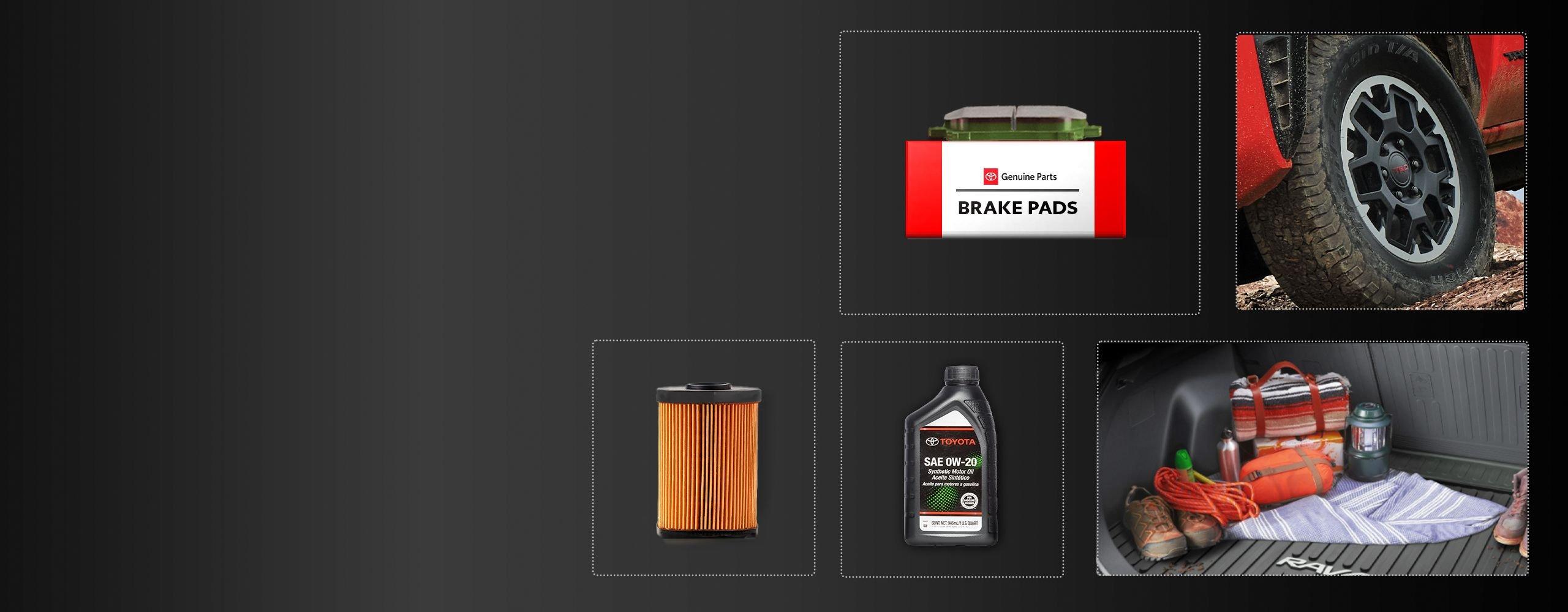 A collage showing automotive items: brake pads, a car tire, an air filter, motor oil, and a car trunk packed with bags, a blanket, and tools.