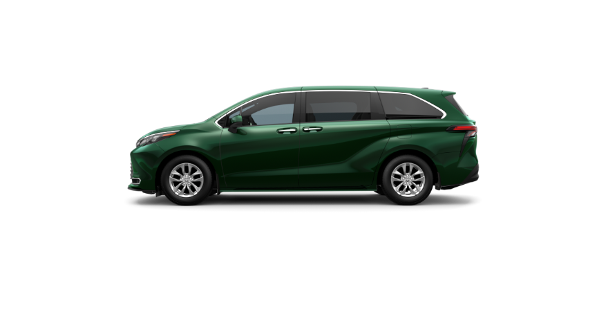 exterior side image of a 2024 green Toyota Sienna Hybrid minivan