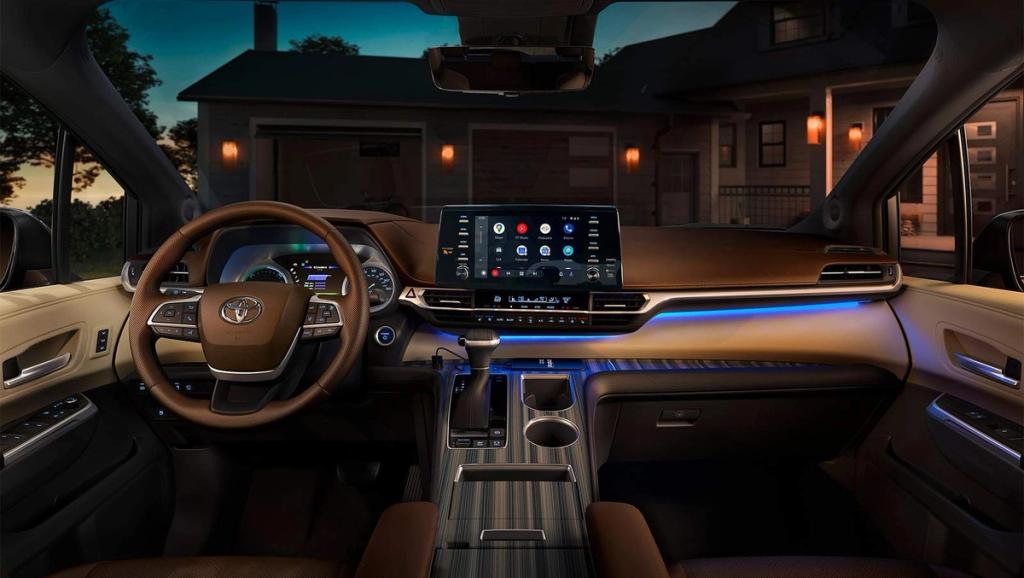 interior shot of the Toyota Sienna minivan at night showing interior lighting options