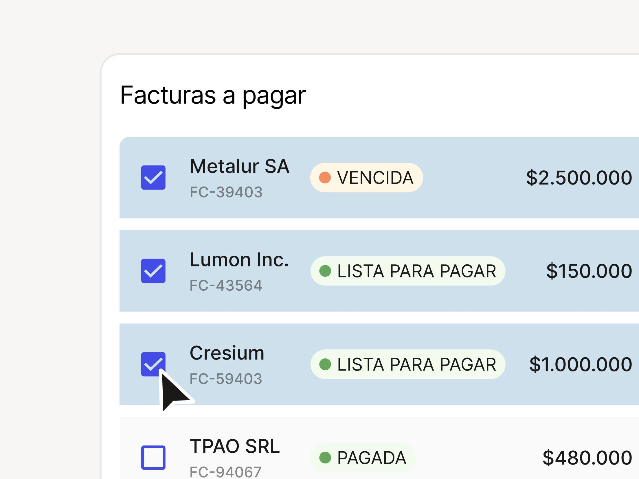 Pantalla de Pagos Inteligentes de Cresium: paga en lote