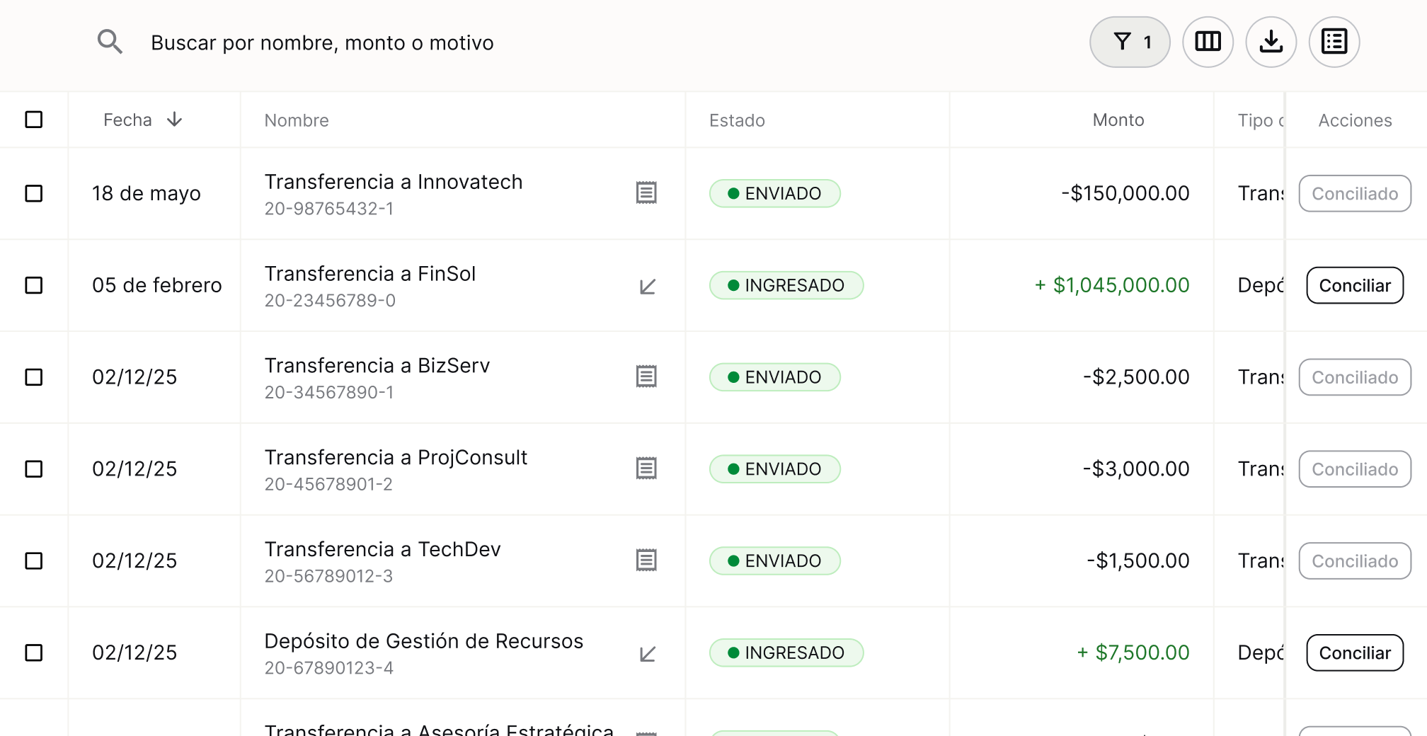 Tabla de Movimientos con íconos por tipo