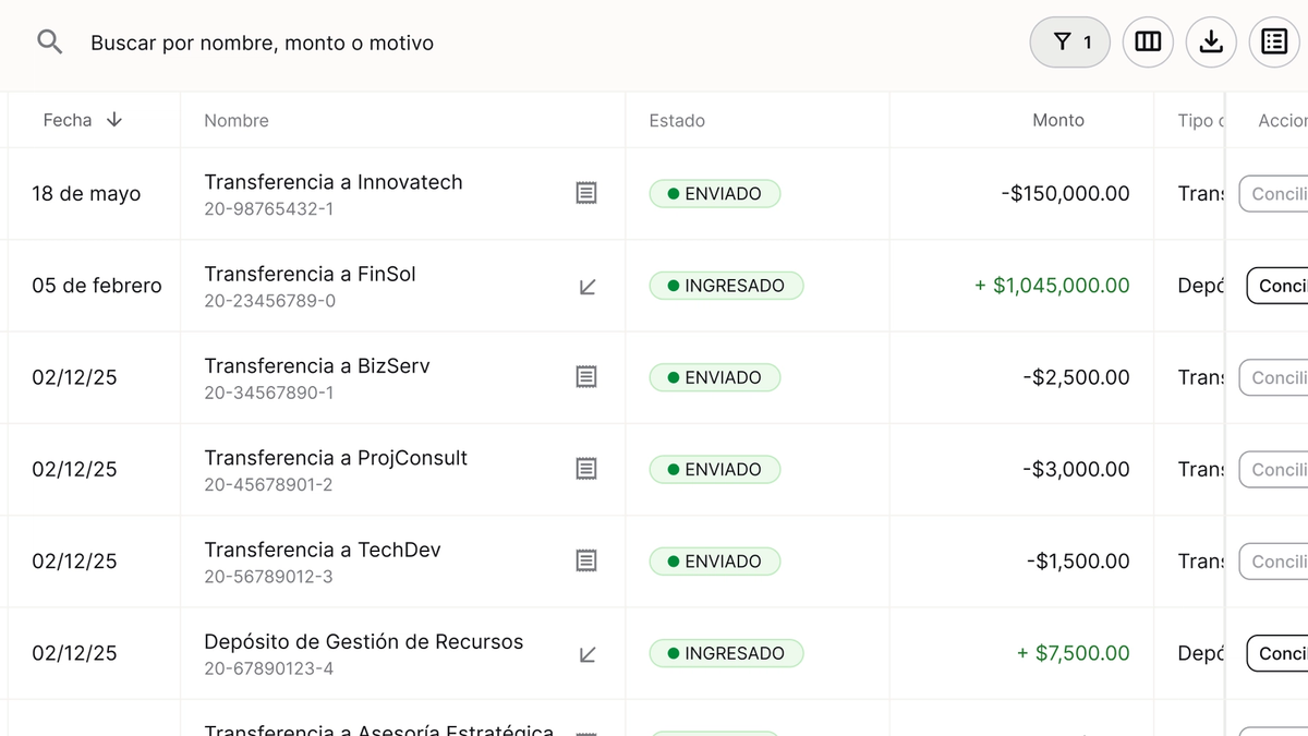 Tabla de Movimientos con íconos por tipo