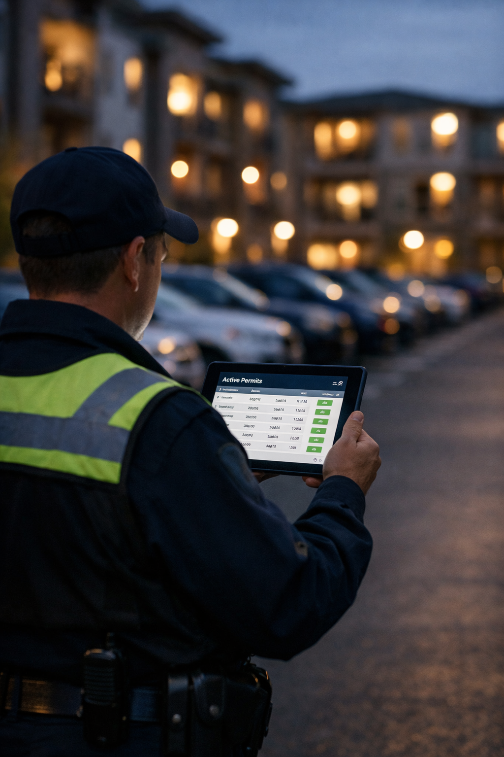 A parking enforcement officer looking at his tablet