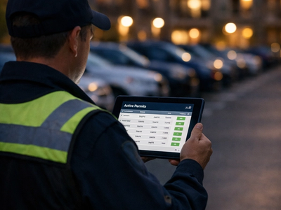 A parking enforcement officer looking at his tablet