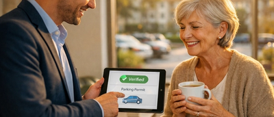 An old woman registering her vehicle