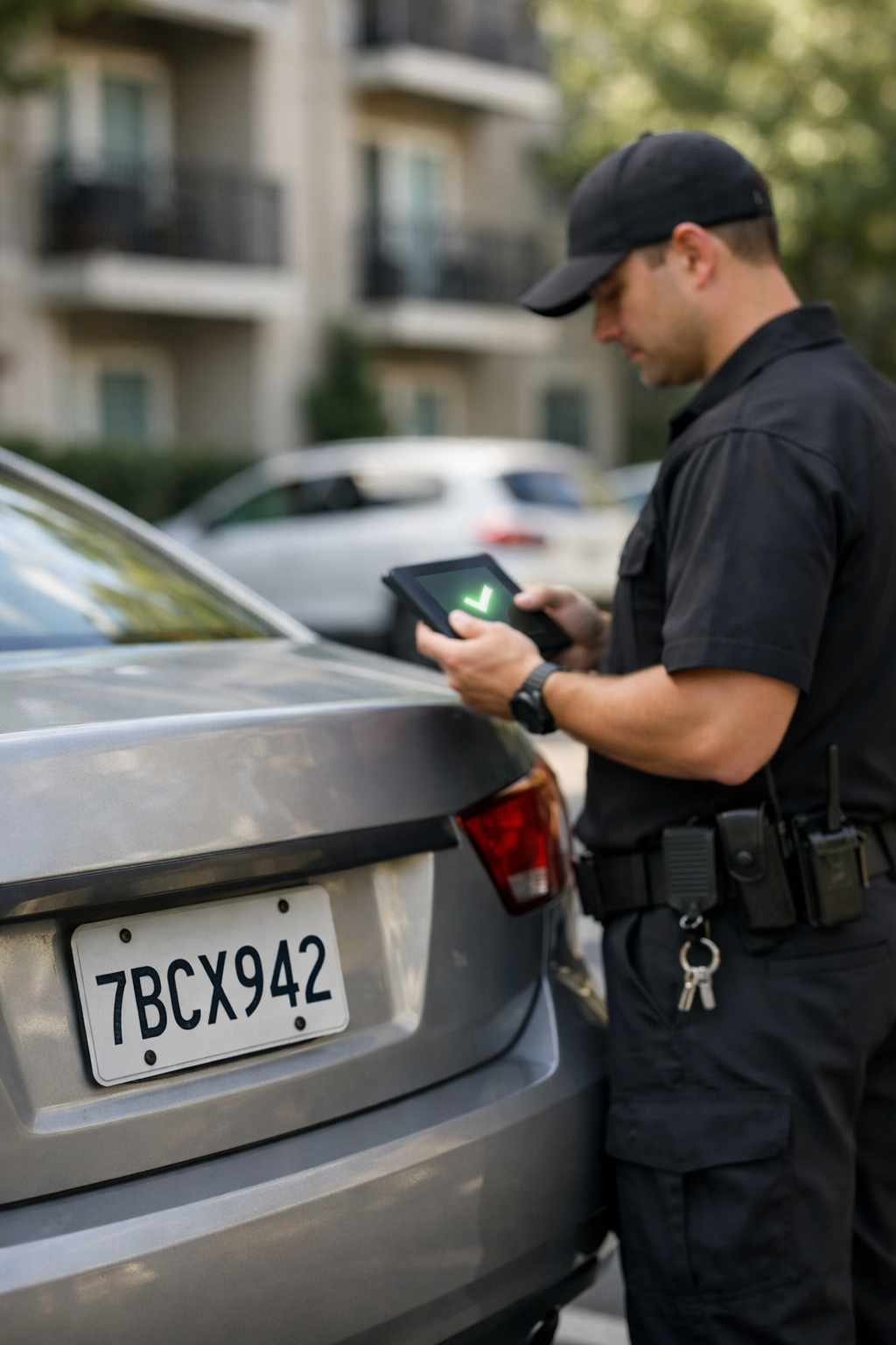 A man checking the license plate of a vehicle