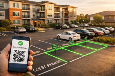 A user with a smart phone looking at outlined guest spots