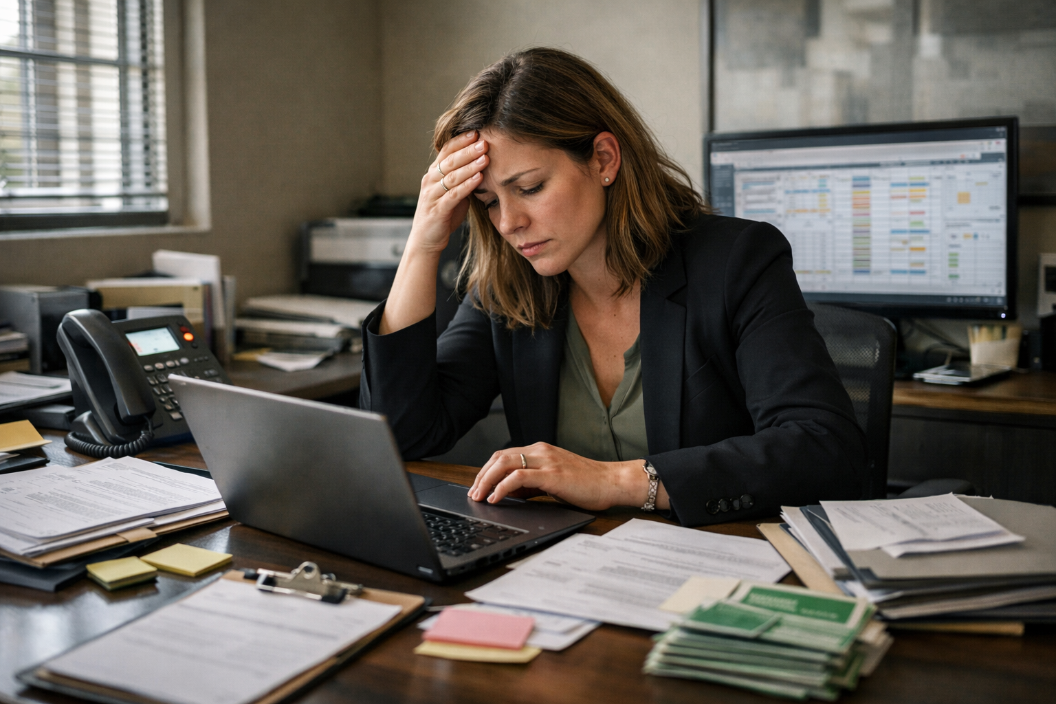 An Apartment Manager sitting at her desk fustrated