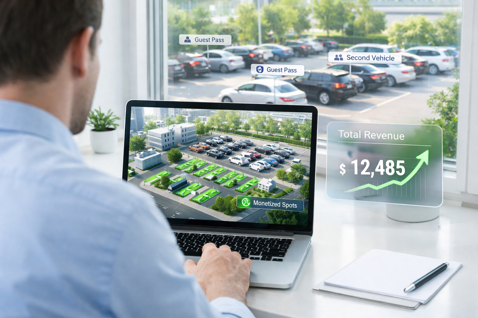 A manager viewing a HUD of his parking lot