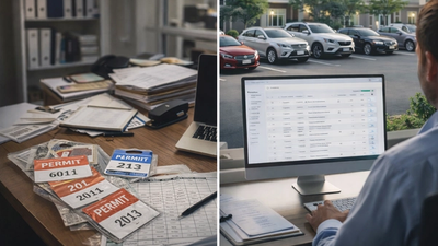 An image showing a messy desk with permits and a manager using a nice clean desk