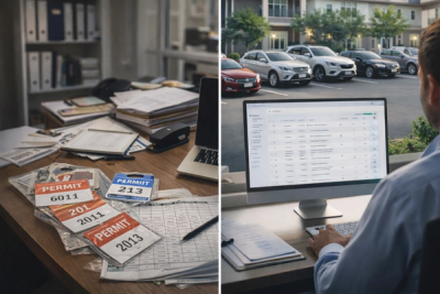 An image showing a messy desk with permits and a manager using a nice clean desk