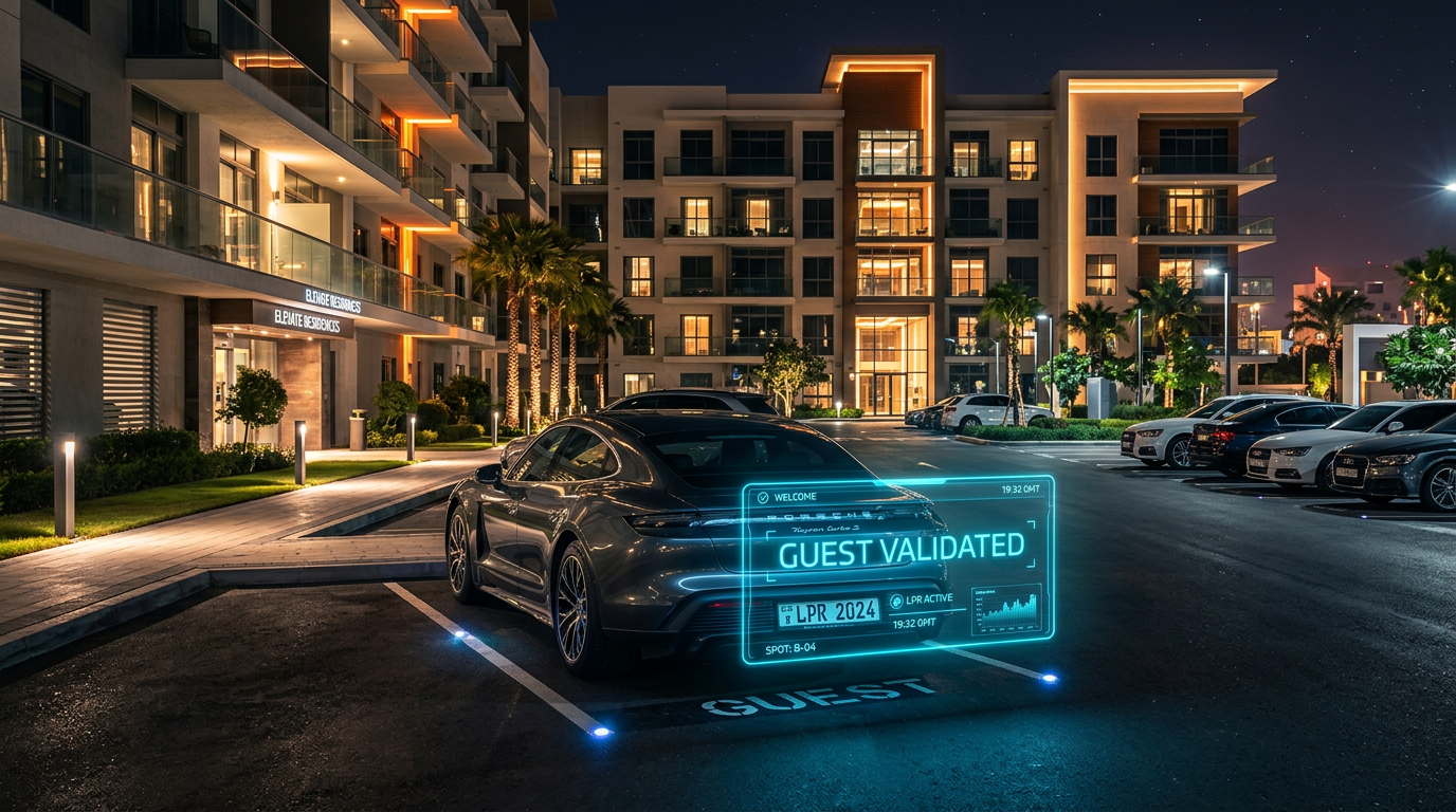 A guest vehicle being validated in an apartment complex parking lot