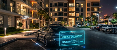 A guest vehicle being validated in an apartment complex parking lot
