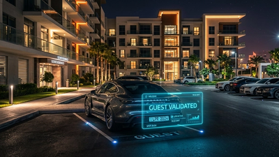 A guest vehicle being validated in an apartment complex parking lot