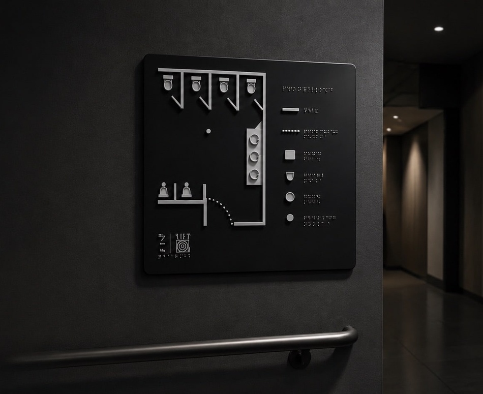 A tactile map on museum wall in a dimly lit room