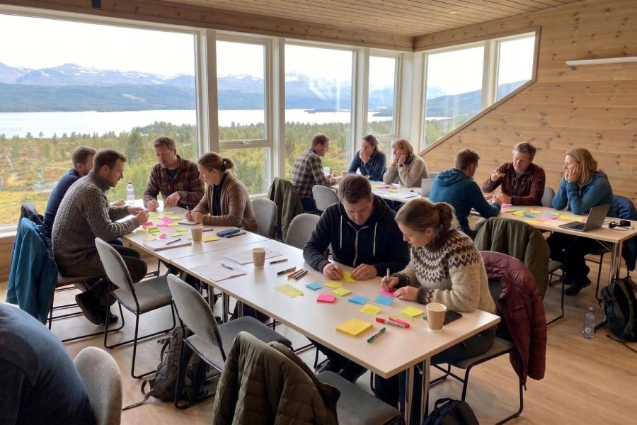 En workshop i konferanserommet, grupper skriver på lapper rundt bordene, med vannet og fjellene utenfor vinduene