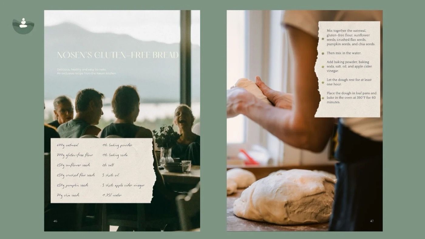 Two recipe pages for Nøsen's gluten-free bread, with guests at a table and dough being shaped