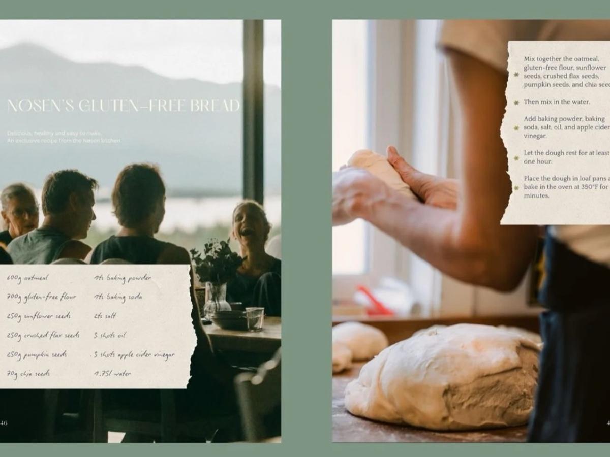 Two recipe pages for Nøsen's gluten-free bread, with guests at a table and dough being shaped