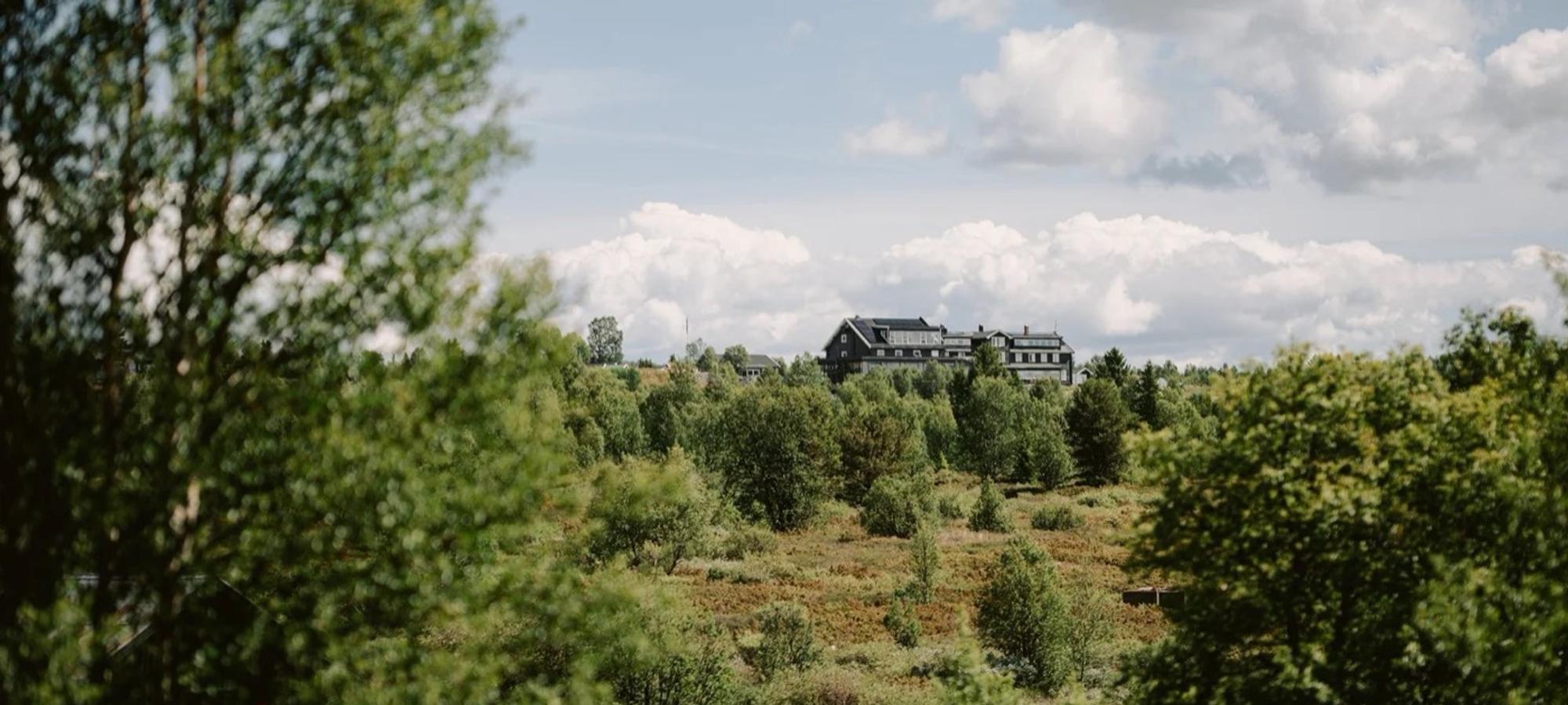 Nøsen Fjellhotell sett over grønn skog og lyngmark en sommerdag