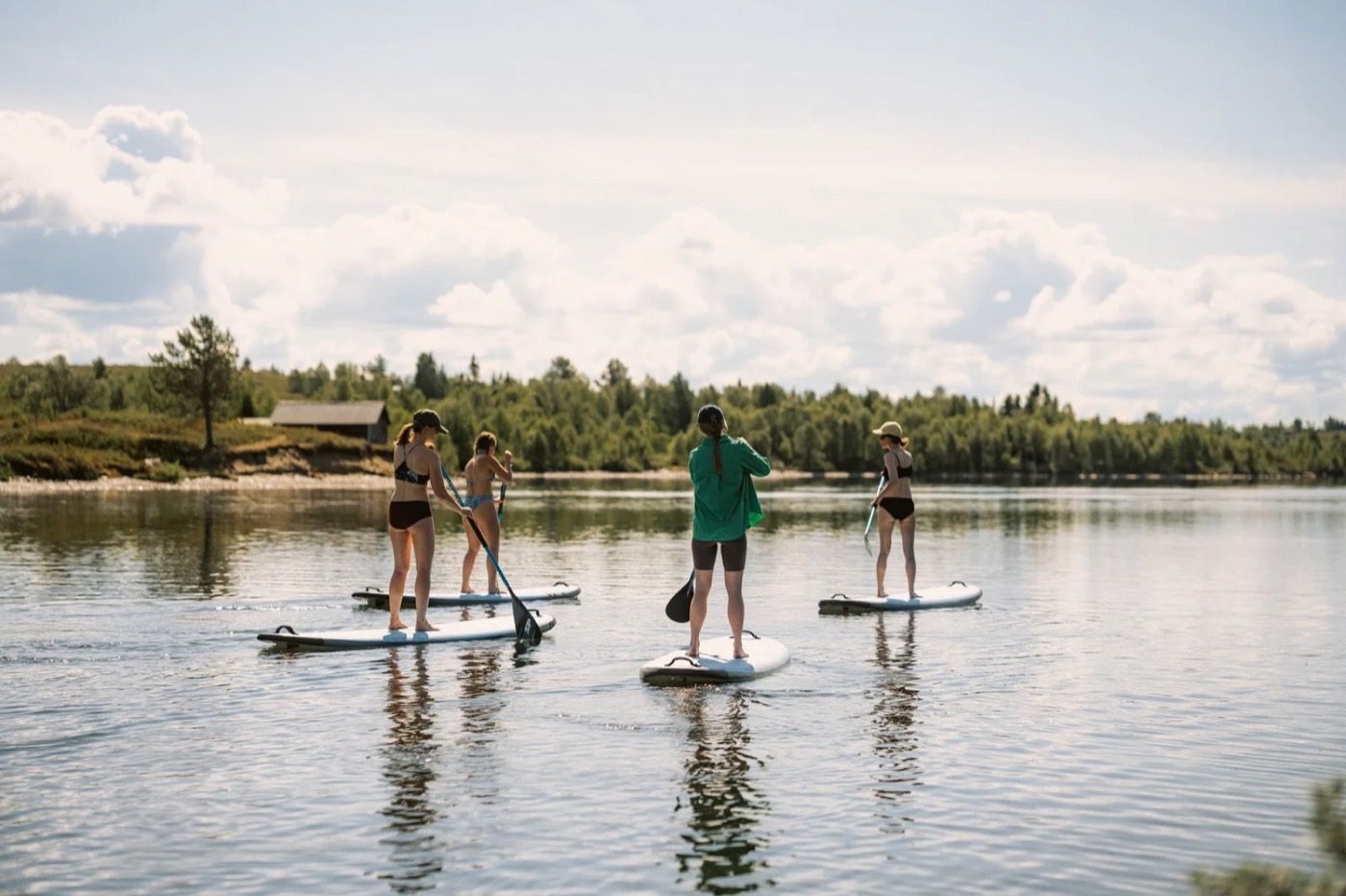 Four people stand up paddling on the calm lake in summer