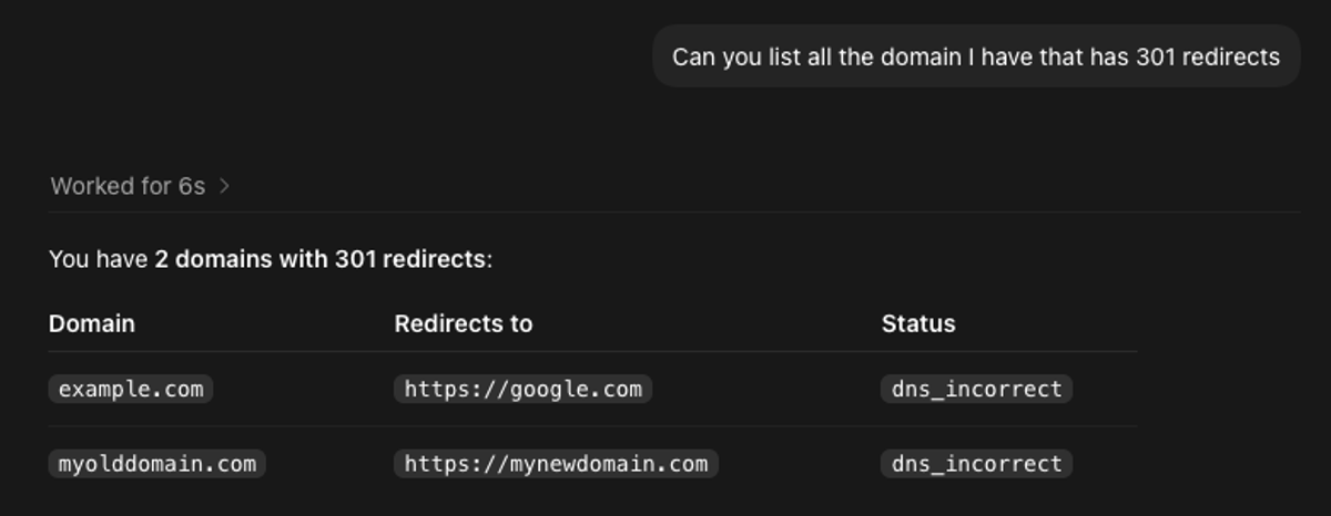 Codex showing all the listed domains
