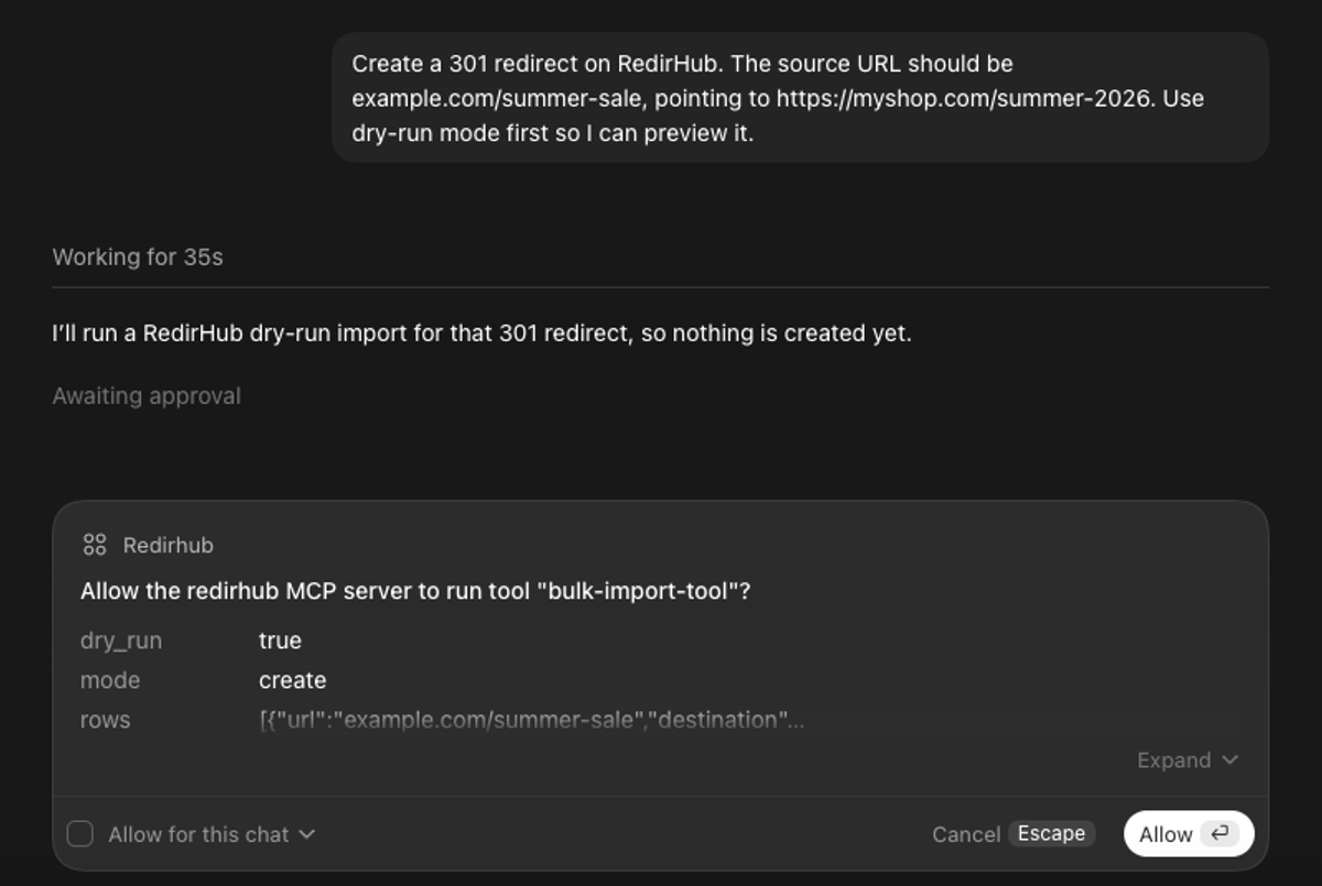Dry-run of RedirHub MCP