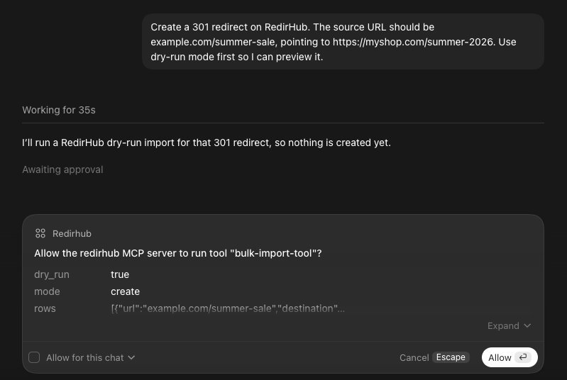 Dry-run of RedirHub MCP