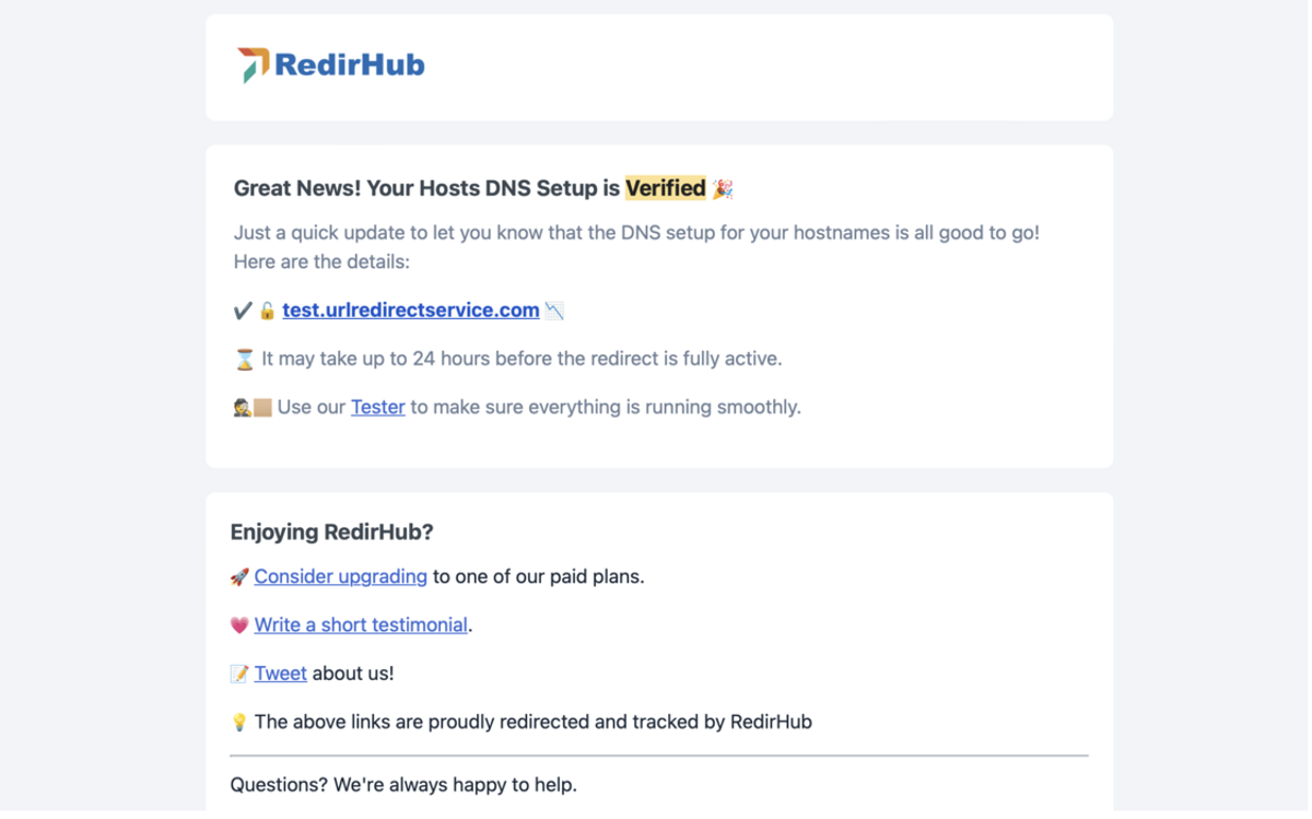 Stay on top of your domains! RedirHub now sends DNS verification alerts and success notifications, ensuring your redirects always work flawlessly.