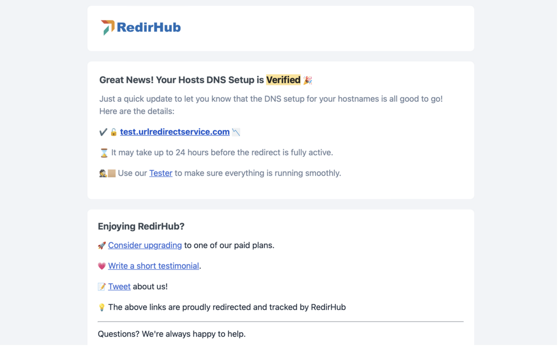 Stay on top of your domains! RedirHub now sends DNS verification alerts and success notifications, ensuring your redirects always work flawlessly.