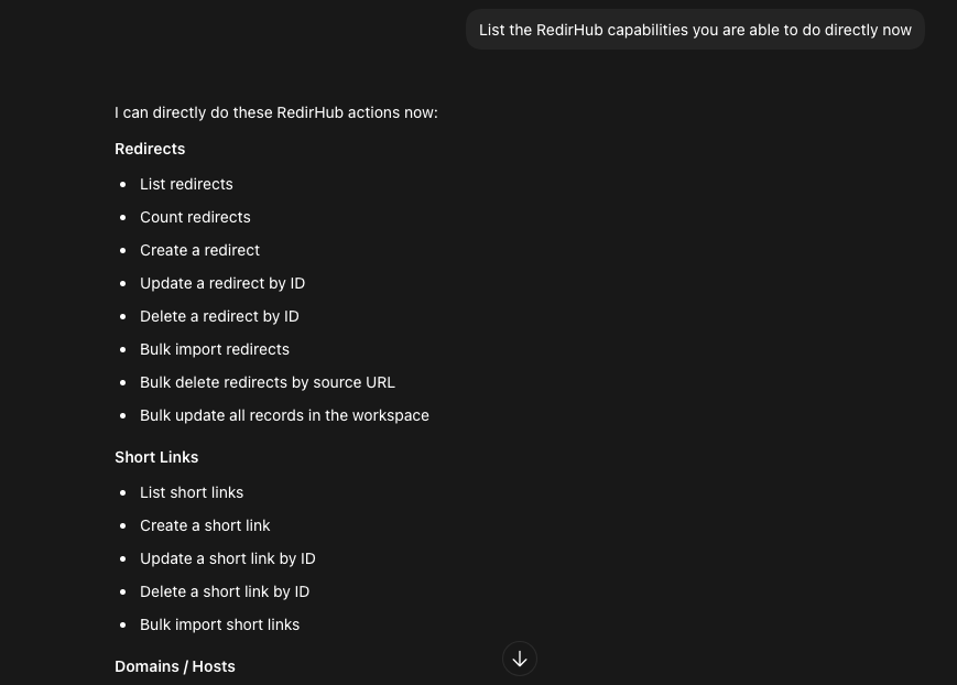 List of capabilities that can be done with RedirHub MCP