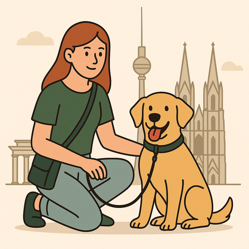 Illustration Hund mit Sitterin vor deutscher Sehenswürdigkeit