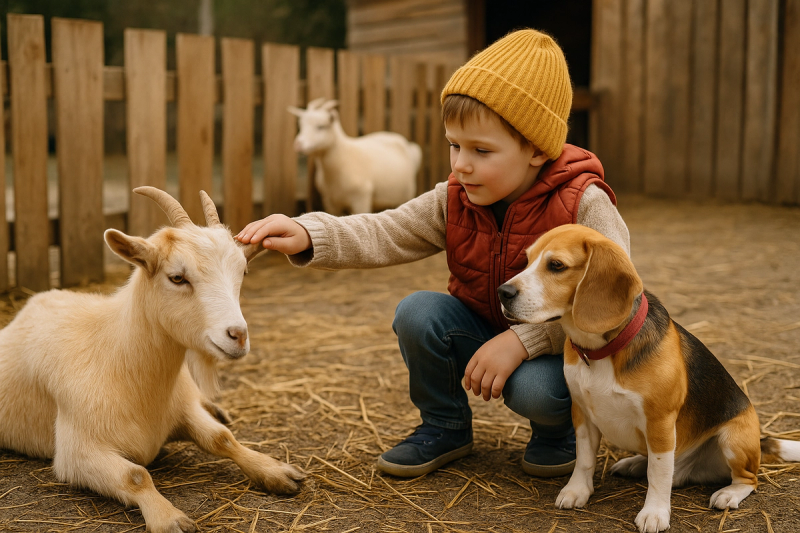 Kind met gele muts aait een geit terwijl een beagle rustig naast hem zit op een kinderboerderij