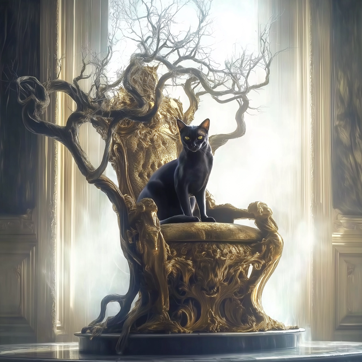 best ai generated image of black cat sitting on a throne