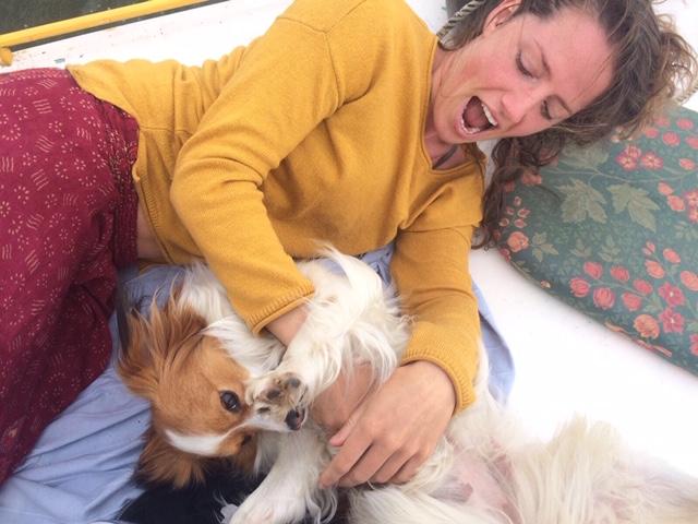 Oppas speelt met hond om vertrek van baasje minder stressvol te maken
