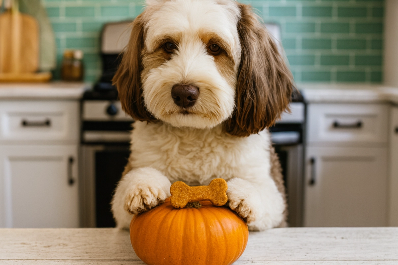 Labradoodle met witte en bruine vacht zit in een keuken en houdt een kleine pompoen vast met een botvormig hondensnoepje erop.