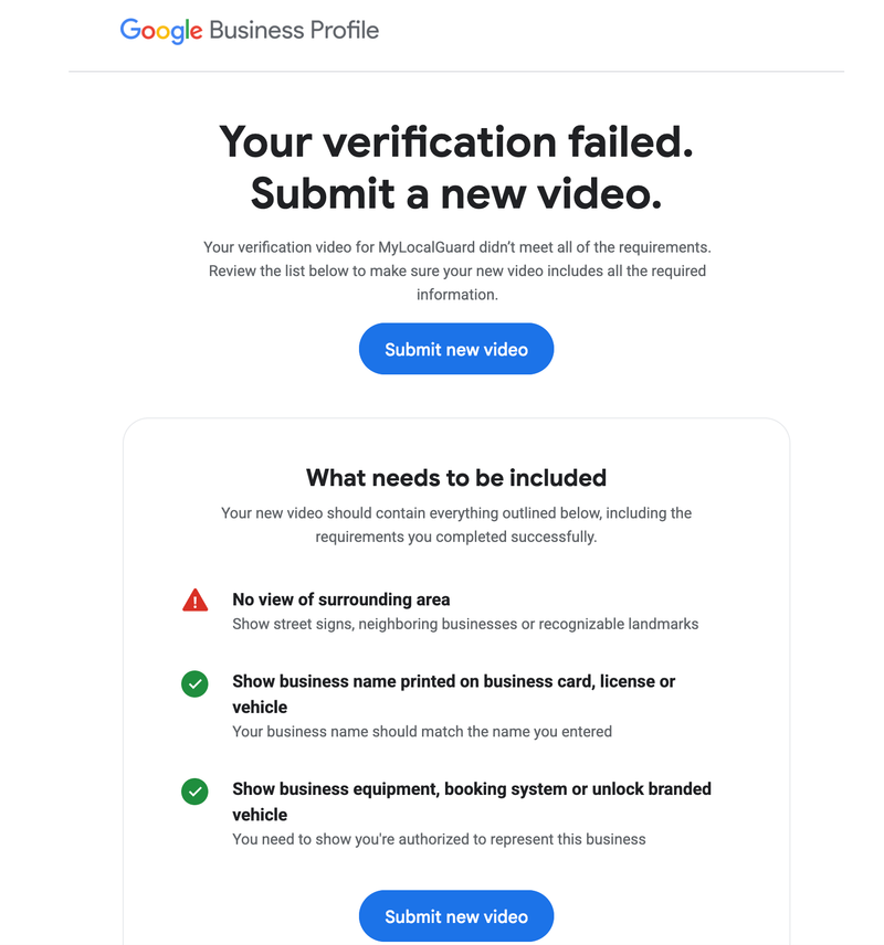 Google's email for GBP verification issue