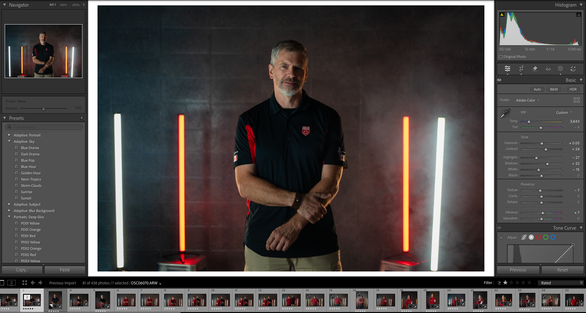 Lightroom workflow: subject mask isolating the competitor from the dark backdrop.