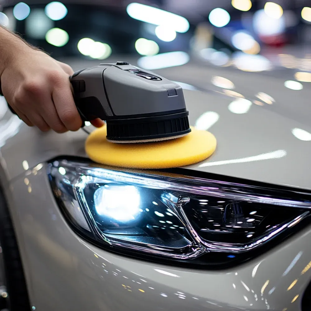 a person using an electric polisher with a yellow pad to polish the surface of a white car.