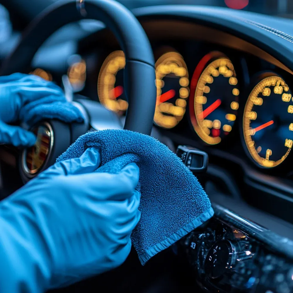 A close-up of a person wearing blue gloves, carefully wiping down car gauge cluster with microfiber cloth
