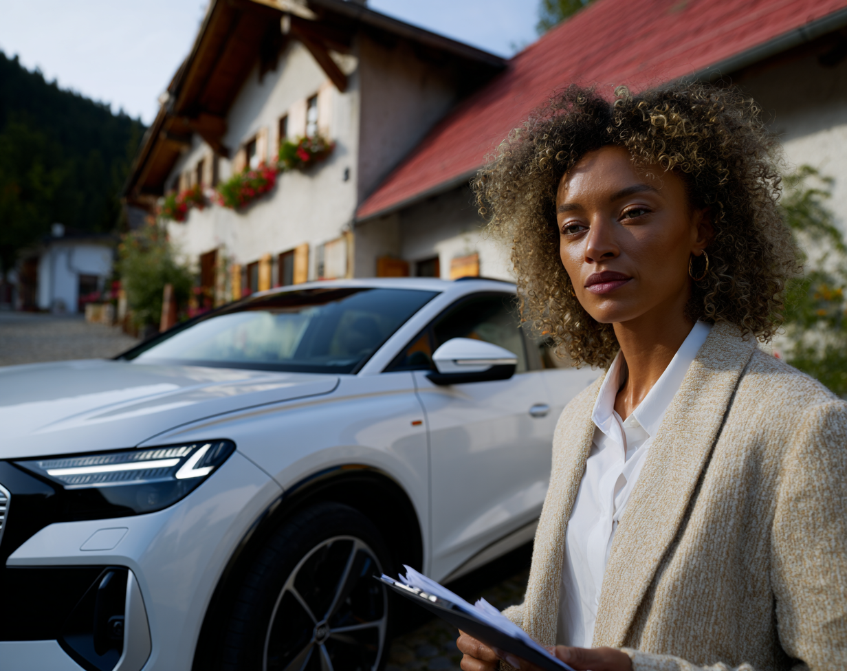 Frau mit Unterlagen vor E-Auto
