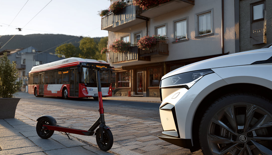 E-Buss, E-Scooter und E-Auto in der Stadt