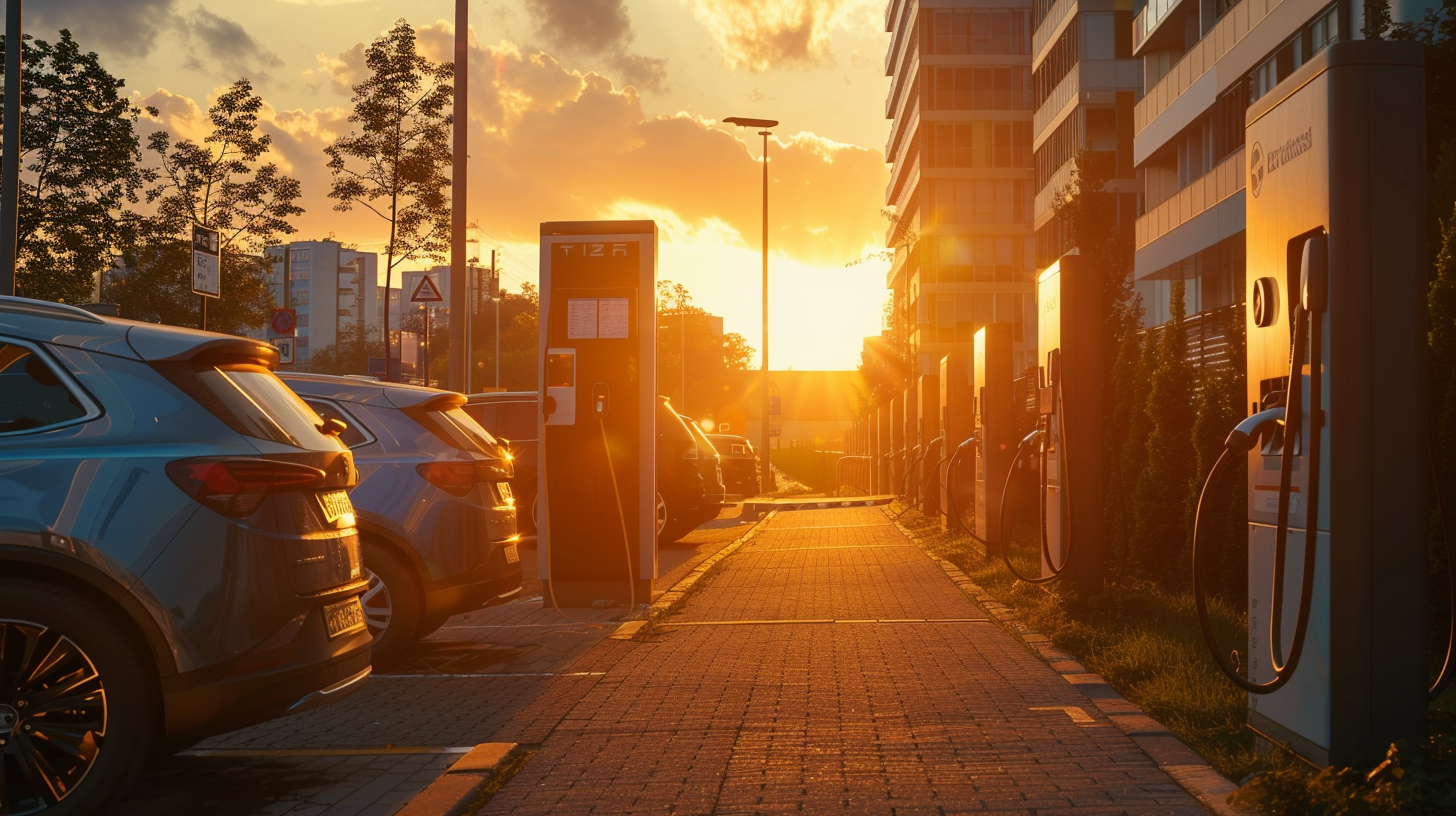Sonnenaufgang über modernem Wohn- und Geschäftsgebäude mit sichtbarer E-Auto-Ladeinfrastruktur, ladenden Elektroautos und grüner Umgebung, symbolisiert das Gebäude-Elektromobilitätsinfrastruktur-Gesetz (GEIG).
