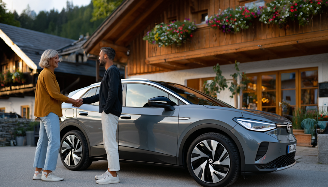 Handschlag von zwei Menschen vor einem E-Auto
