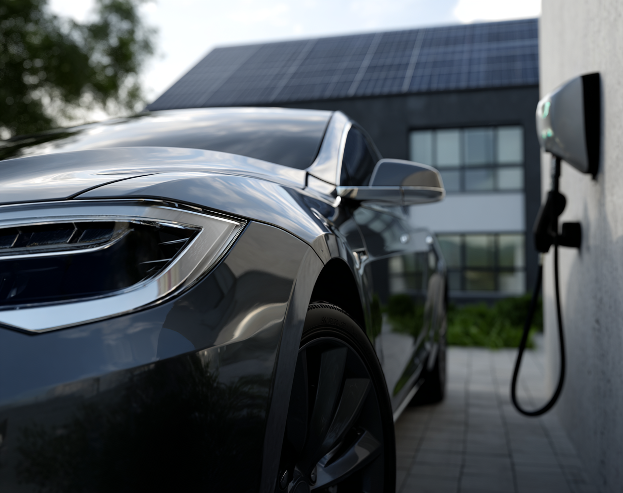 E-Auto vor einem Haus mit Wallbox