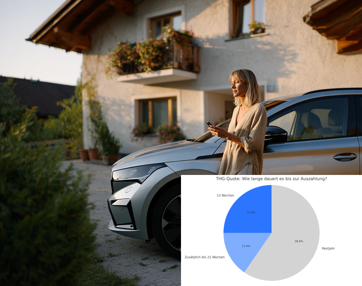 Frau steht vor einem Haus mit einem E-Auto